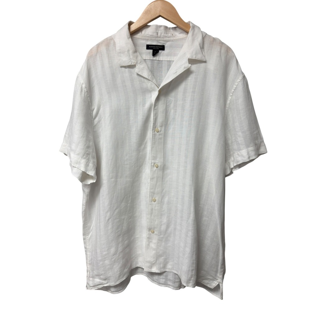 Banana Republic Button Up Shirt Mens XL White 100% Linen Striped Camp Collar SS